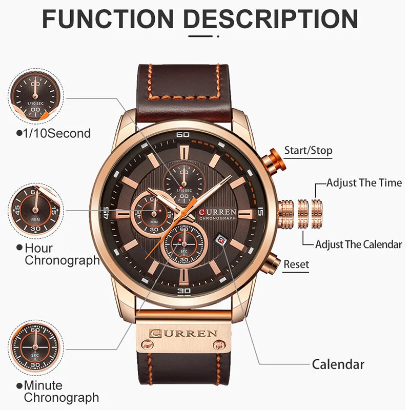 CURREN Leather Sports Watch: Military Quartz Chronograph Men.