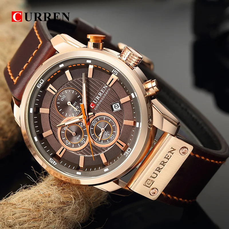 CURREN Leather Sports Watch: Military Quartz Chronograph Men.
