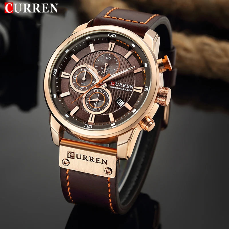 CURREN Leather Sports Watch: Military Quartz Chronograph Men.