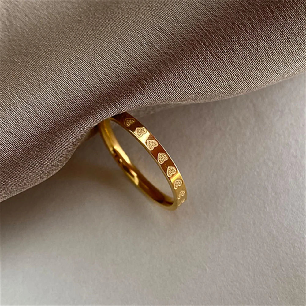 Golden Stainless Steel 2mm Heart Rings Women