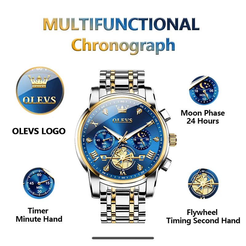 OLEVS Men's Watches Classic Multifunctional Fltwheel Chronograph