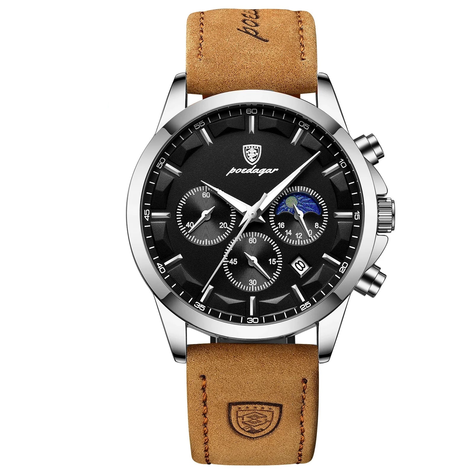 POEDAGAR Men's Luxury Chronograph Waterproof Leather Watch
