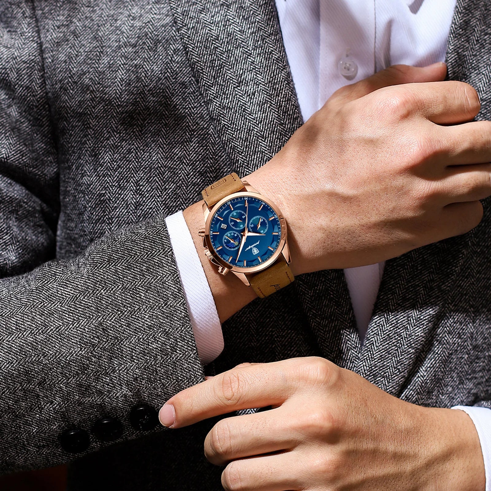 POEDAGAR Men's Luxury Chronograph Waterproof Leather Watch