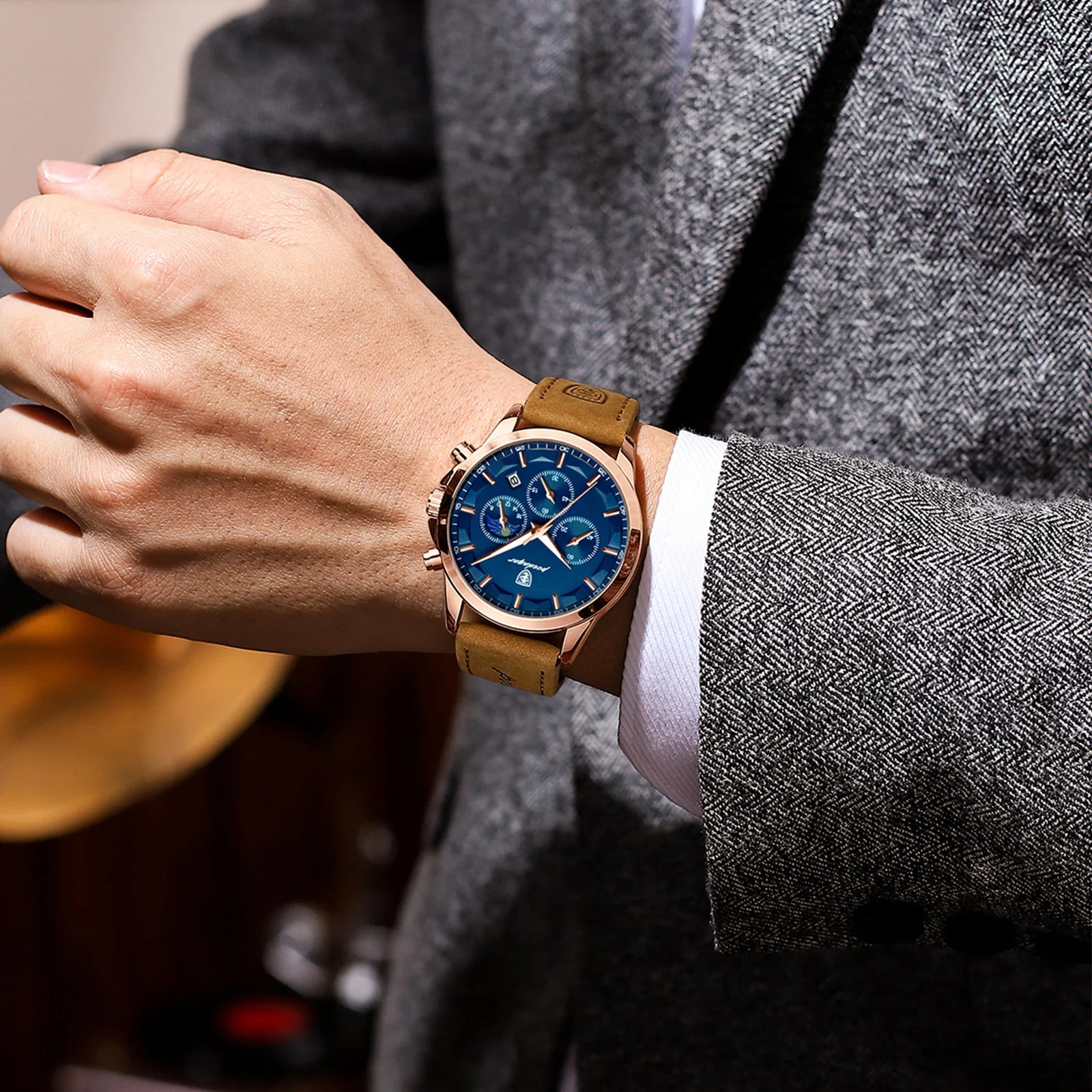 POEDAGAR Men's Luxury Chronograph Waterproof Leather Watch