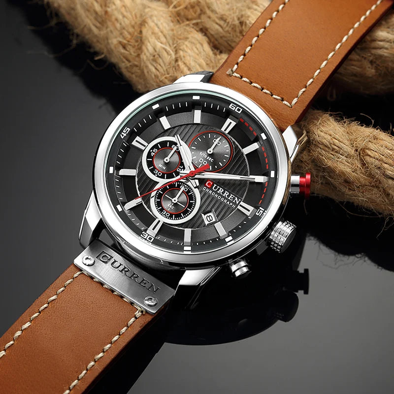 CURREN Leather Sports Watch: Military Quartz Chronograph Men.