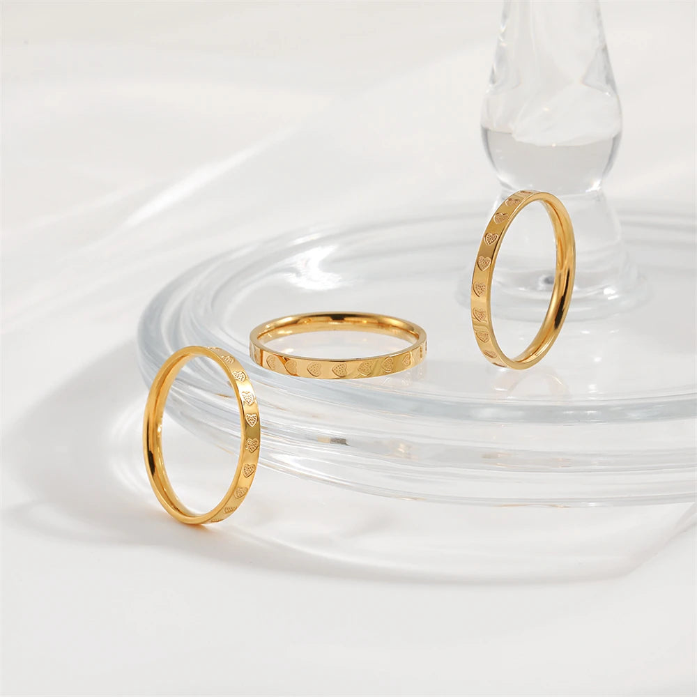 Golden Stainless Steel 2mm Heart Rings Women