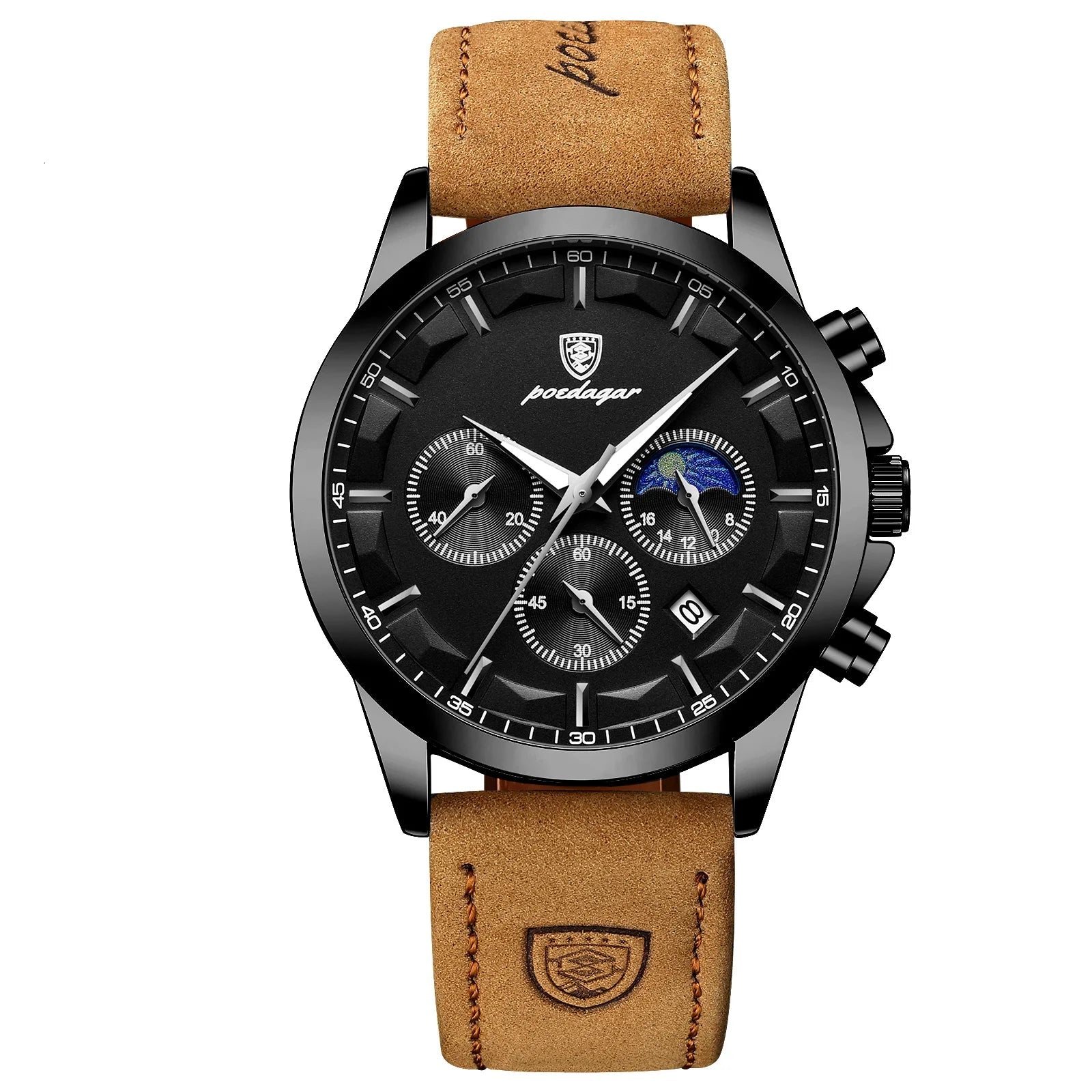 POEDAGAR Men's Luxury Chronograph Waterproof Leather Watch